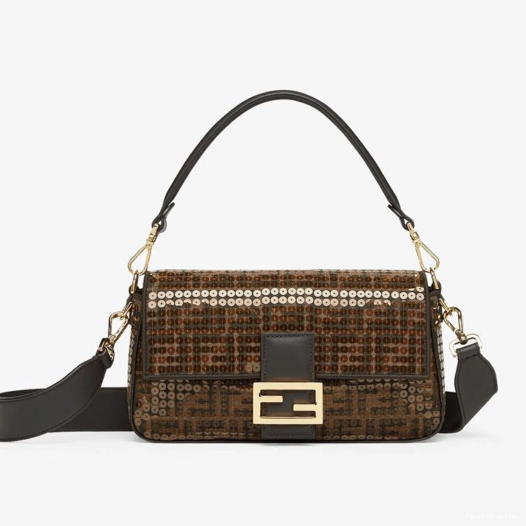 Affordable HOT Bag Sequins Fabric Baguette Motif with FF Medium Brown Fendi In 0815